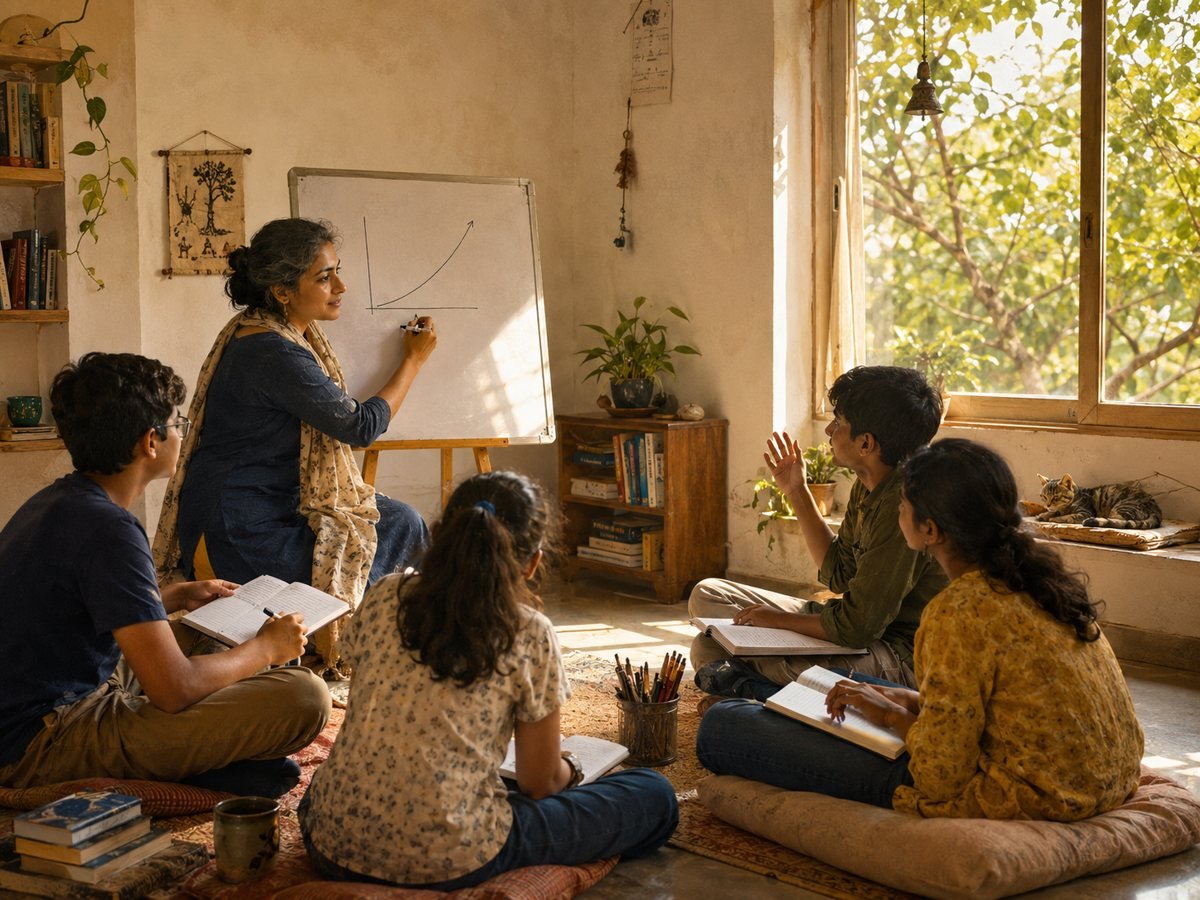 A mentor sketching a growing curve on a whiteboard while four curious children follow along from floor cushions