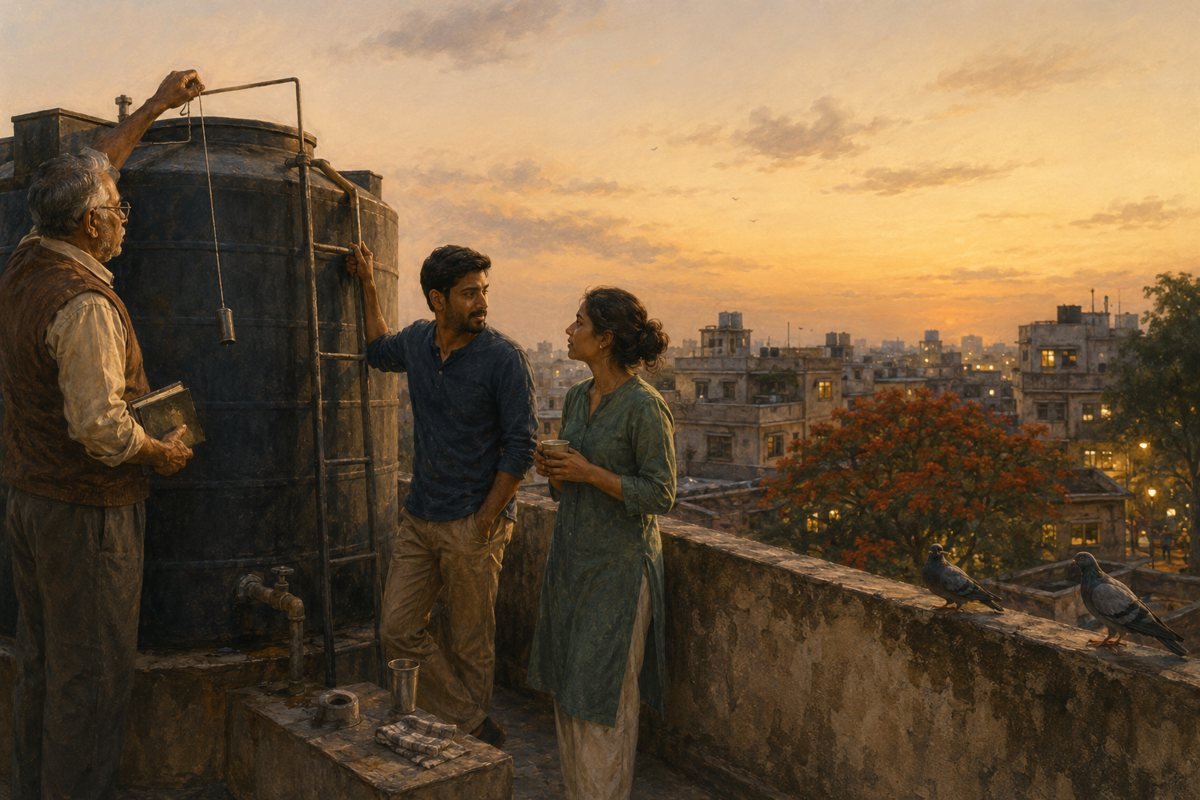A young Indian couple on their building terrace at dusk, near the rooftop water tank, in quiet conversation as the city lights come on